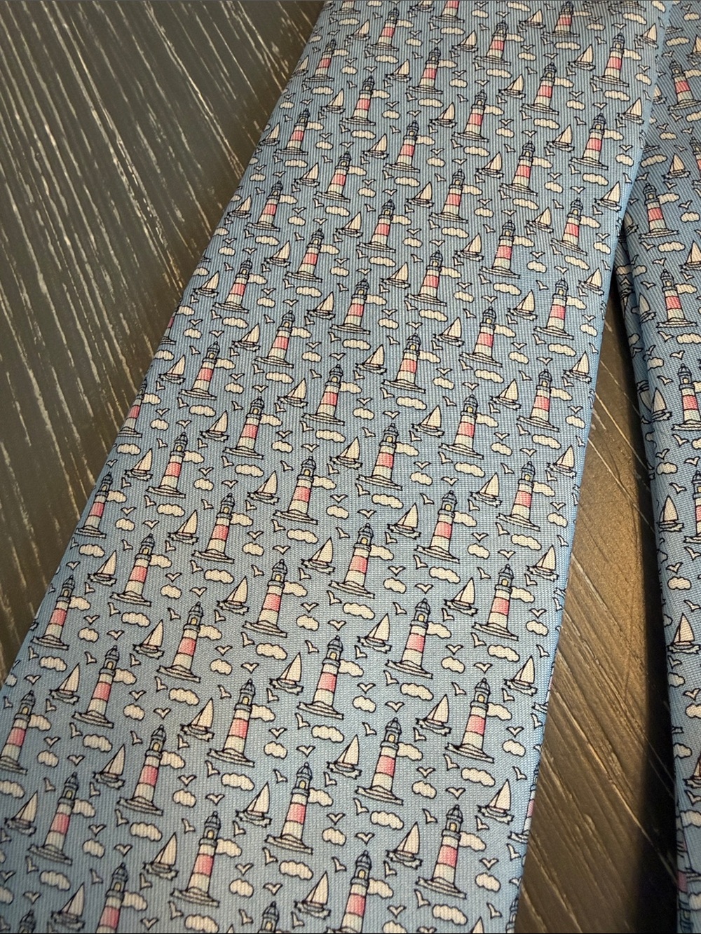 2 Men's Vineyard Vines Nautical Light Blue and Navy Patterned Silk Ties - Picture 2 of 9